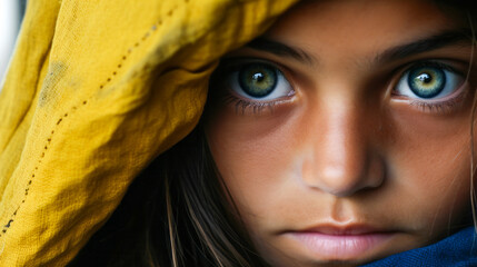 Hopeful young girl with piercing gaze overlaid on vibrant woven fabric.