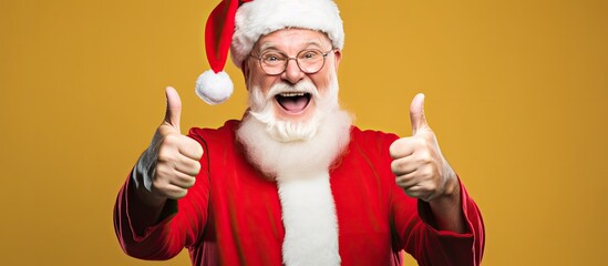Energetic Santa Claus demonstrates Christmas magic with discounts pointing to copyspace