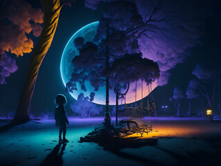 Children's Playground at Night, Beneath the Moon AI generated