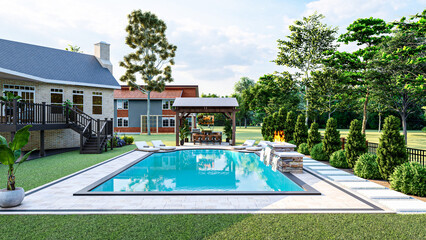 3D modeling and rendering of swimming pool design.