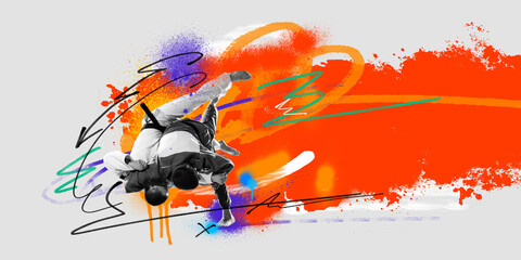 Two men, karate, taekwondo athletes in kimono fighting over multicolored background. Creative art collage. Banner. Concept of professional sport, competition and match, dynamics. Poster, ad © master1305