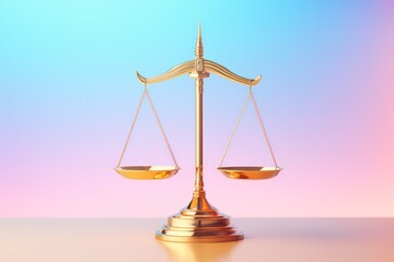 Golden scales of justice on pastel pink and blue background. 