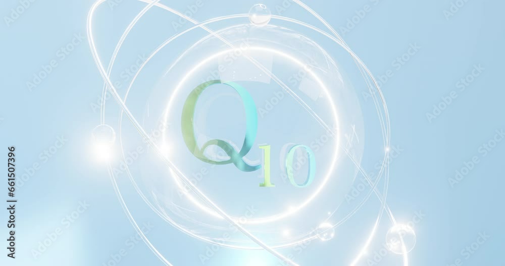 Sticker coenzyme q10 symbol, liquid drop with rotating atoms and orbitals, vitamin coq10, ubiquinone-10, 3d 