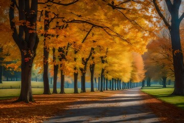 Realistic painting of an autumn scene featuring a tree-lined boulevard with leaves in vibrant colors covering the ground. 