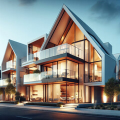 Modern residential suburban building A-frame architecture, a luminous triangular house with large windows