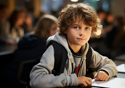 The boy sitting at the desk in a classroom