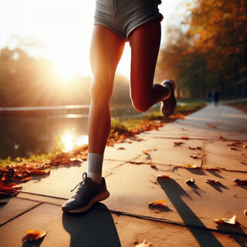 Closeup of legs of a female runner jogging in a park on an autumn afternoon