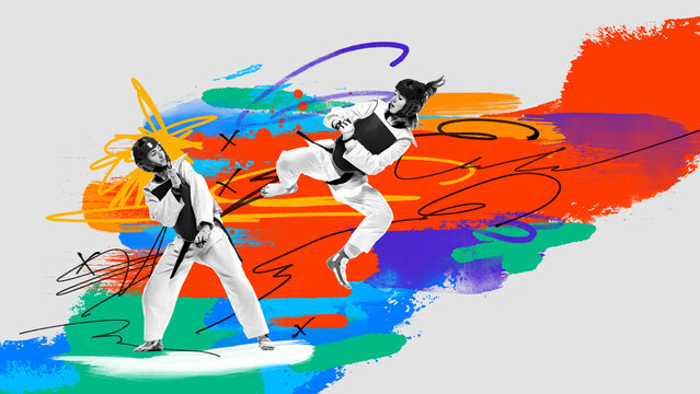 Two women, mma athletes in sportswear fighting over multicolored background. Creative art collage. Concept of professional sport, competition and match, dynamics. Poster, ad