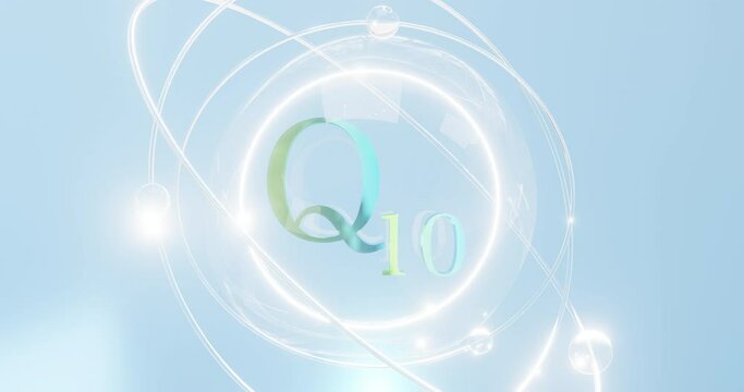 coenzyme q10 symbol, liquid drop with rotating atoms and orbitals, vitamin coQ10, ubiquinone-10, 3d rendering