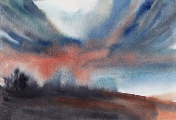 Abstract modern watercolor landscape art. Blue and red grey sky and indigo landscape. Impressionist illustration of storm or explosion