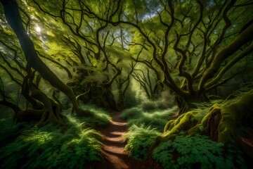 Amidst the heart of a mystical enchanted forest ancient trees with gnarled branches stretch towards the heavens