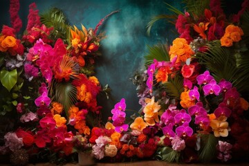 Obraz na płótnie Canvas Vibrant exotic blooms create a stunning artistic backdrop. Generative AI