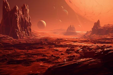Fotobehang Red illuminated landscape of the Martian surface. Generative AI © Juno