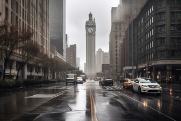 Fototapeta na wymiar a vehicle moves along a wet urban street amidst skyscrapers and a distant clock tower on a rainy day in the urban landscape. Generative AI