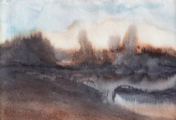 Gardinen Abstract dark modern watercolor landscape art. Blue and brown grey sky and indigo landscape. Impressionist illustration of storm , explosion, psychedelic experience or depression © Asymme3