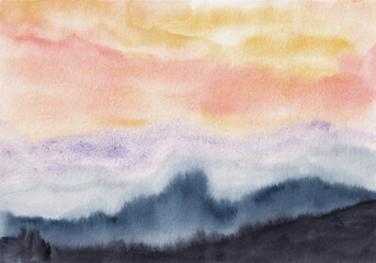 Abstract modern watercolor landscape art. Blue and yellow orange sky and indigo landscape. Impressionist illustration of sunrise   in mountains