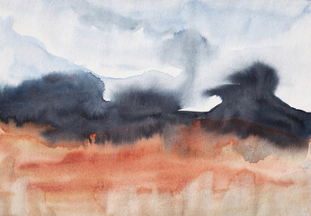 Abstract dark modern watercolor landscape art. Blue and brown grey sky and indigo landscape. Impressionist illustration of storm , explosion, psychedelic experience or depression