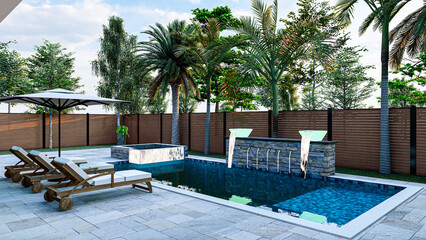 3D modeling and rendering of swimming pool design.