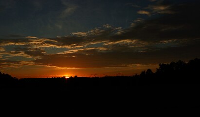 Dark Sun Setting over a Silhouetted Forest 