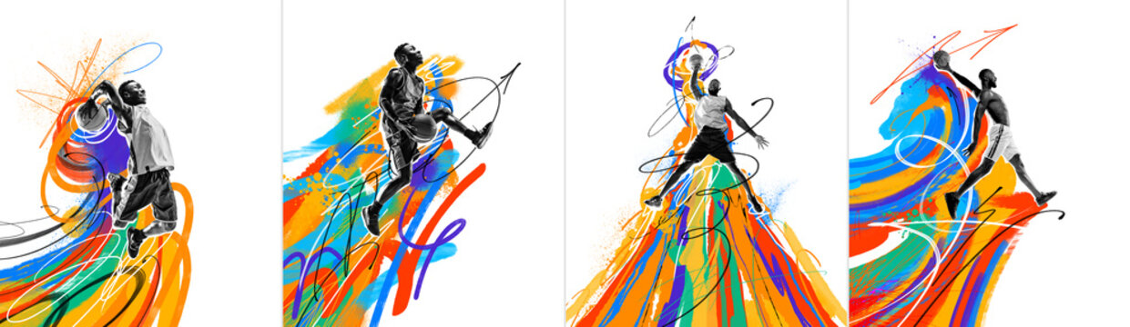 Dynamic image of young african men, basketball players in motion, throwing ball with hand and win. Creative art collage. Concept of professional sport, competition and match. Poster, ad