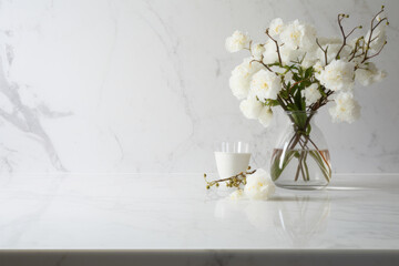 marble colored table with flowers