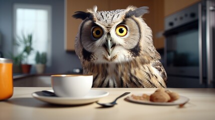 An owl in a kitchen ready for the coffee as a symbol of lack of sleep or insomnia trying not to close its eyes because of sleeping disorder