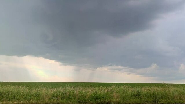 Pouring rain and wind on green field landscape with scenic heavy gray clouds, rural landscape