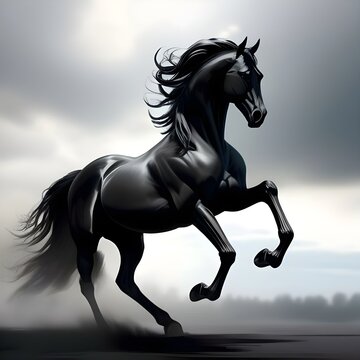  AI-crafted image, a powerful black horse, muscles flexed, strikes a dynamic pose against a dramatic backdrop. Its glossy coat shimmers, framed by a stormy sky, evoking a sense of majestic strength 