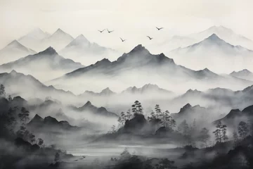 Fotobehang black and white brush landscape art © Jelena