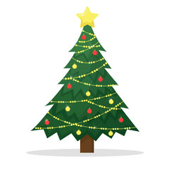 Obraz premium Christmas tree decorated with star, balls and lights. Vector illustration isolated on white background.