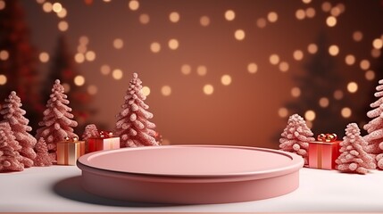 Mock up with Christmas tree, baubles and gifts. Christmas red template with podium for product presentation. Soft focus background.