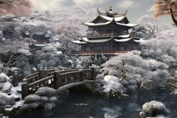 Traditional China house winter yard. Temple travel. Generate Ai - obrazy, fototapety, plakaty