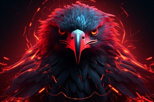 High quality red neon eagle image in a cyberpunk style. Generative AI