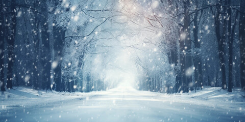 snowy path in cold winter woods