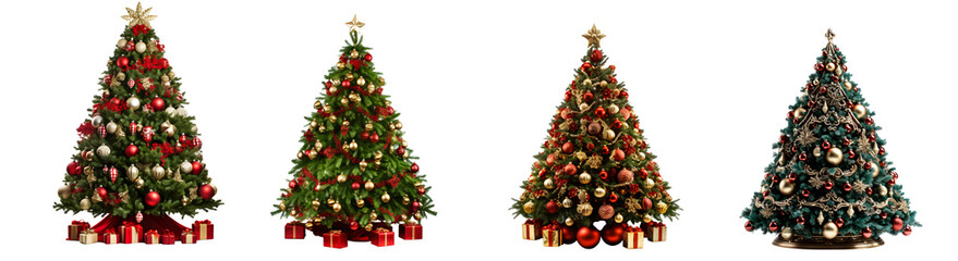 Naklejka na ściany i meble collection of Christmas tree surrounded by presents. Big beautiful christmas tree decorated with beautiful shiny baubles 