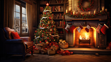 christmas tree with fireplace and stockings for xmas promotion