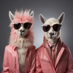 Creative animal concept. Two Llamas wearing sunglasses isolated on monochrome pastel background, Generative AI