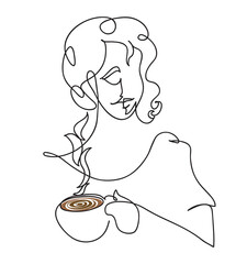 One line drawing of young woman starts her morning with mug of coffee.
One continuous line drawing of morning tea.
