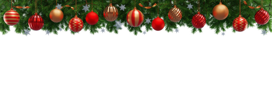 Merry Christmas and Happy New Year. Fir branches decorating balls. 3D rendering