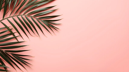 Fototapeta na wymiar Tropical palm leaves on pink background. Flat lay, top view, copy space