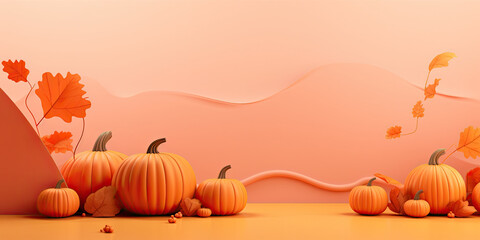 Naklejka na ściany i meble 3d render orange background with pumpkins and halloween decoration on it.