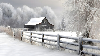 A barn and fence covered in fresh snow high resolution - obrazy, fototapety, plakaty