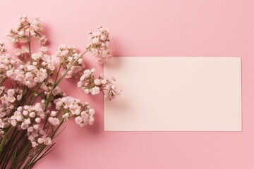Mockup of a greeting card with pink gypsophila flowers on a beige background, viewed from the top. The card has copy space. Generative AI