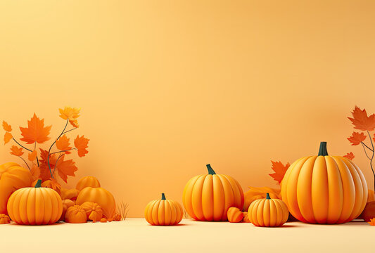 3d render orange background with pumpkins and halloween decoration on it.