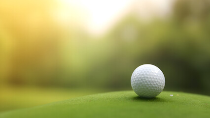 Close-up golf ball on tee with blur green bokeh style