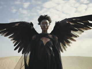 Beautiful female black angel with wings, sky background
