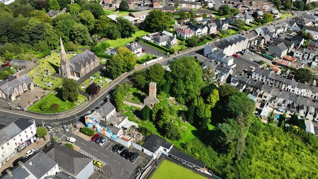 Aerial video of Ballymoney Old Graveyard Ballymoney Town Co Antrim Northern Ireland 