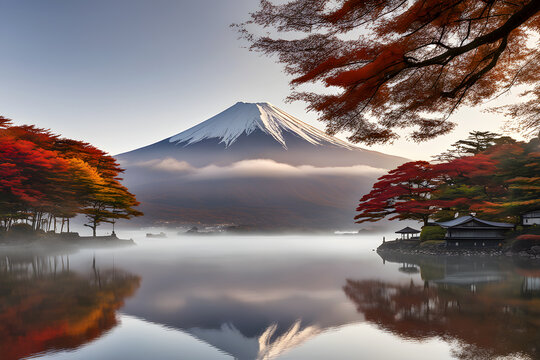 Autumn Magic: Morning Fog Enveloping Mount Fuji, lake, water reflection with autumn color foreat