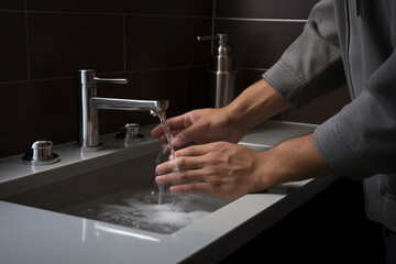 In a sleek, contemporary bathroom, a man lathers soap between his fingers as water streams from the faucet, highlighting the meticulous process of thorough handwashing. 