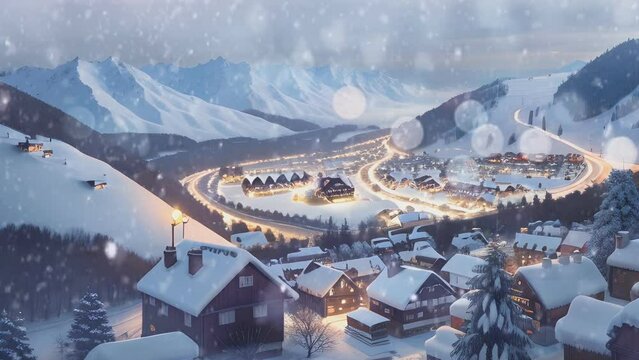 landscape with snow covered mountains and town. Cartoon or anime watercolor painting illustration style. seamless looping 4K time-lapse virtual video animation background.